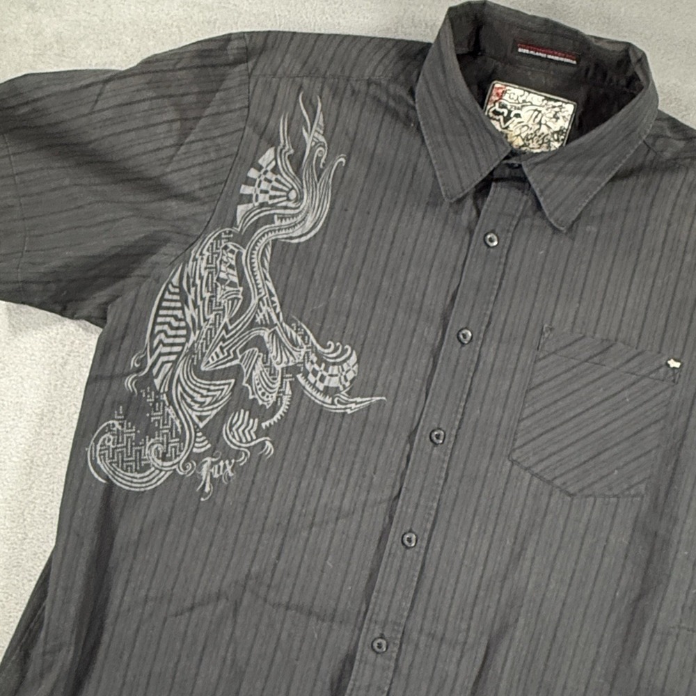 Y2K Fox Racing Button Down Shirt Men's XL Black Tribal Striped Front And Back